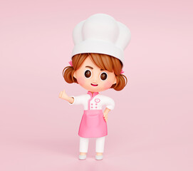 Cute chef girl in uniform showing thumbs up sign restaurant mascot character logo on pink background 3d illustration cartoon