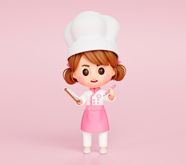 Cute chef girl in uniform taking order restaurant mascot character logo on pink background 3d illustration cartoon