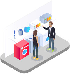 Home appliances and domestic equipment store in shopping mall, washing machine, refrigerator for home use, microwave and kettle for kitchen room. Electronic retail, exhibition of new models of device
