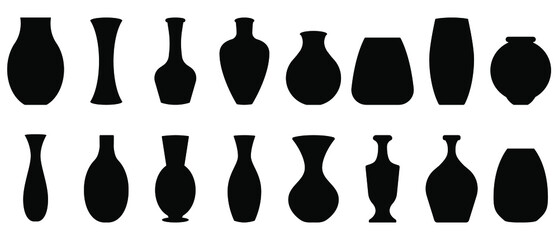 Silhouettes of the vases. Set of different vases. Vector illustration. Black vase icons - obrazy, fototapety, plakaty