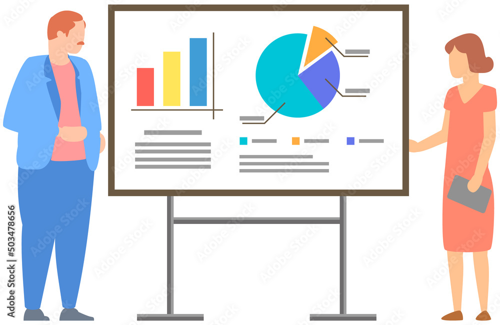 Poster manager makes presentation of statistical report analysis charts. planning business. teamwork consul