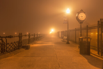 Street clock in Louisville reservoir on a foggy morning