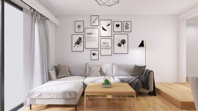 Projekt wykończenia wnętrz w domu lub mieszkaniu z układem mebli Salon
