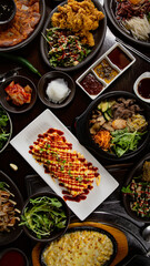 Top view of Korean Grilled BBQ combo sets on the traditional grill table, omelette, bibimbap, pancake, fried chicken, pickle dishes