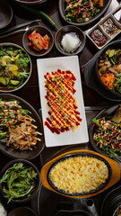Top view of Korean Grilled BBQ combo sets on the traditional grill table, omelette, bibimbap, pancake, corn cheese, and pickle dishes