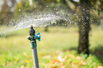 Sprinkler watering in the gardening with blur background, agriculture in Thailand, the water system...