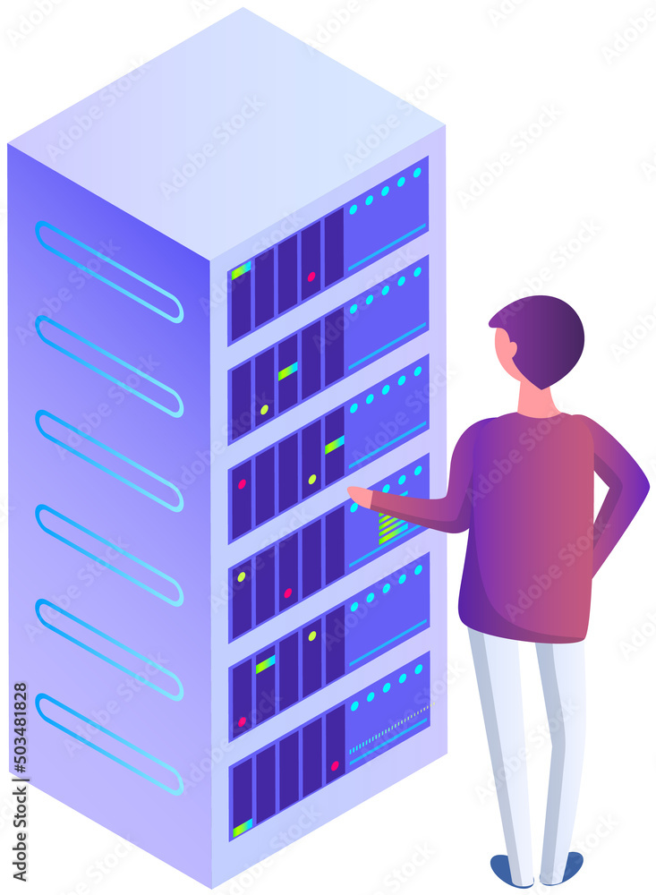 Poster database center info storage, datacenter with modern innovation and systems station. man working wit