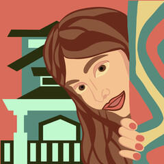 Vector illustration of a portrait of an Indian girl near the house.
