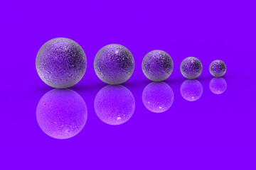Five balls of metal of different sizes of blue color on blue background. Growth of something. Progress. Reflection. Horizontal image. 3D image. 3D rendering.