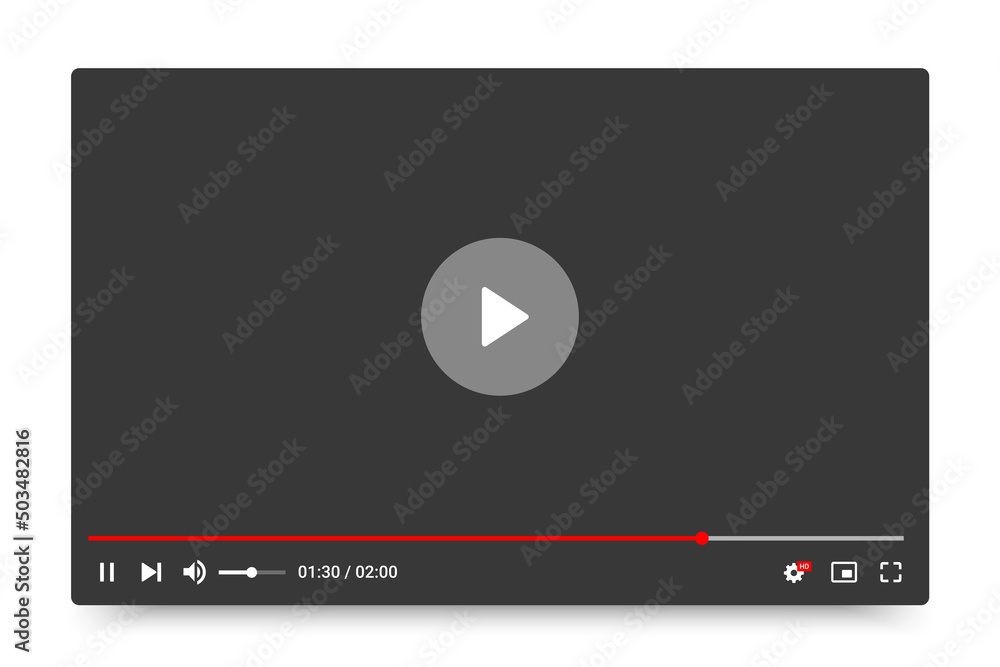Poster video player interface isolated on white background. multimedia frame template. mockup live stream w
