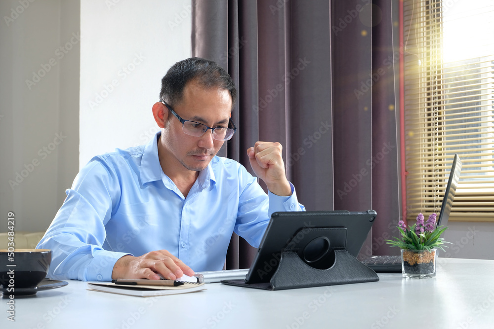Poster man typing on computer keyboard close up, businessman or student using laptop at home, online learni