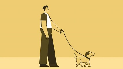 Yellow Style Man Flat Character Walking with Pet Dog. Isolated Loop Animation with Alpha Channel