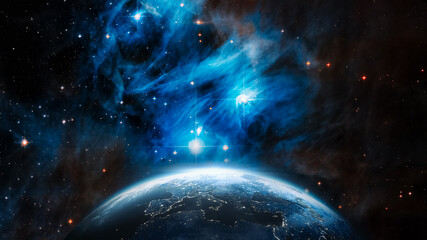 Fototapeta na wymiar Blue Earth With City Lights - large blue stars in space. this image furnished by NASA - 3d Rendering