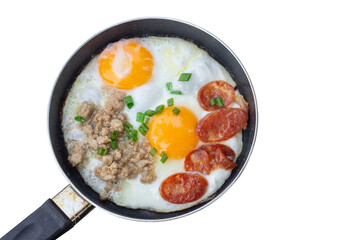 Top view of Pan-fried egg with toppings is breakfast in Thai style isolated on white background included clipping path.