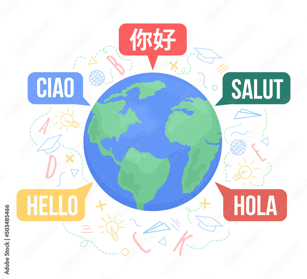 Poster multilingual world 2d vector isolated illustration. hello in different languages flat object on cart