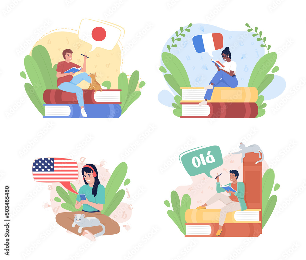 Poster exciting about learning language 2d vector isolated illustration set. flat characters on cartoon bac