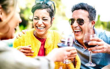Genuine friends drinking red wine at home pic nic party - Mixed age range people having fun...