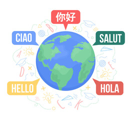 Multilingual world 2D vector isolated illustration. Hello in different languages flat object on cartoon background. Colourful scene for mobile, website, presentation. Bebas Neue, KozGoPr6N fonts used © IMGvisualsCharacters