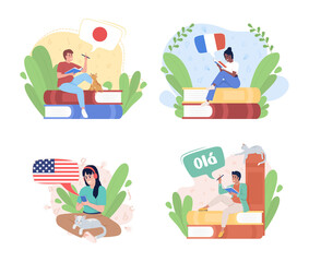 Exciting about learning language 2D vector isolated illustration set. Flat characters on cartoon background. Colourful scene collection for mobile, website. Lora, Nerko One Regular fonts used © IMG visuals characte