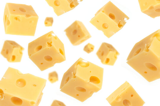 Falling cheese cubes, isolated on white background, selective focus. Maasdam cheese