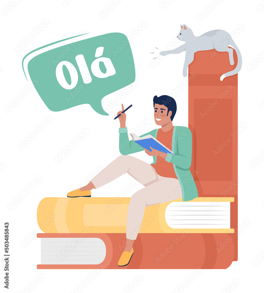 Aufkleber man practicing portuguese language semi flat color vector character. full body person on white. simp