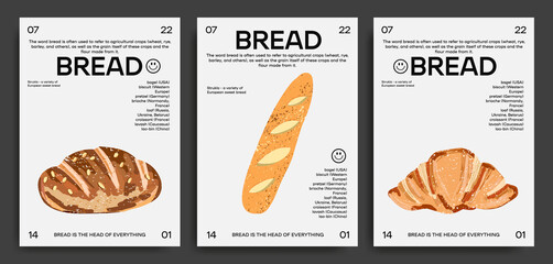 Collection of trendy posters with bread products and fresh pastries on an isolated background.Baguette, croissant, bun. for printing, wall decor. abstract design, typography