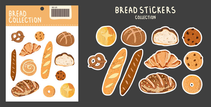 Collection of stickers with bread and fresh pastries. rolls, baguette, bagel, croissant, bagel, cookie and other bright elements on an isolated background and stickerpack