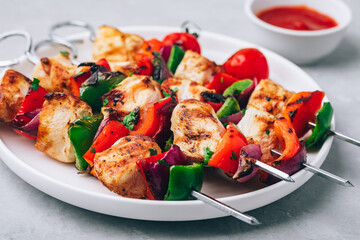 Chicken kebab. Grilled meat skewers and vegetables barbeque.
