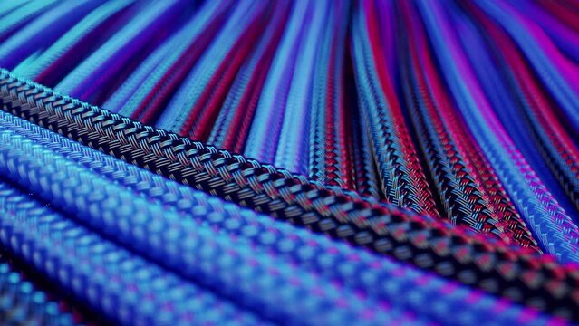 Computer modding power cable management system close up shots braided wires black and blue colors. High quality 4k footage