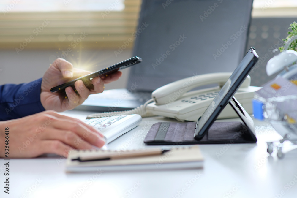 Aufkleber closeup of a man's hands typing on a computer keyboard, a businessman or a student at home using a l