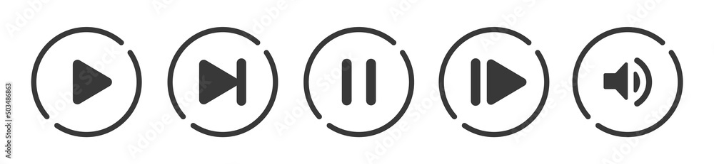 Aufkleber Set of video media player icons vector set. Multimedia music audio control. Media player interface symbols. play, pause, mute sign. isolated on white background. Music and sound icons.