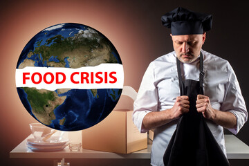 International humanitarian problems. Food crisis in world. Sad cook in front of food crisis...