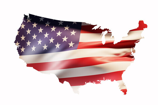 Silhouette of North America. USA map in colors of national flag. Patriotic symbol of USA. Outline of state in star-striped colors. North America map isolated on white. US government flag. 3d image.