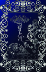 Graphic abstract design with occult tarot card. Suitable for invitation, flyer, sticker, poster, banner, card, label, cover, web. Vector illustration.