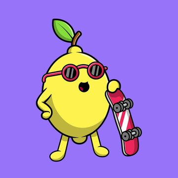 Cute Lemon Skateboarder Cartoon Vector Icon Illustration. Food Sport Icon Concept Isolated Premium Vector.