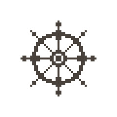 black and white simple vector pixel art sign of old marine ships steering wheel