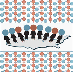 Obraz premium Current events topic of Roe v Wade with symbols for supreme court justices standing on the United States and the American public in pattern in background