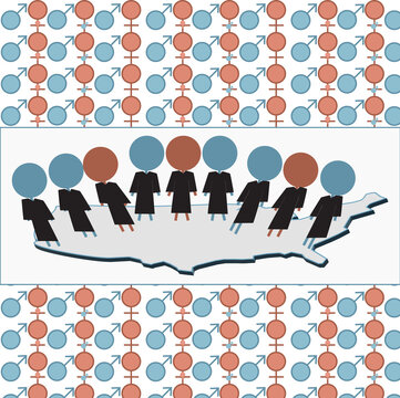 Current Events Topic Of Roe V Wade With Symbols For Supreme Court Justices Standing On The United States And The American Public In Pattern In Background