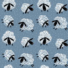 Sheep. Seamless vector pattern. Fabric or wrapping print with cute hand drawn sheep for kids.