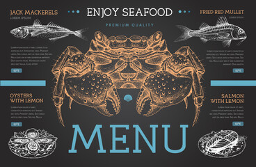 Chalk drawing seafood restaurant menu design with hand drawing fish. Vector illustration