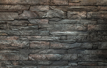 Soft light on pieces of Stone cladding wall. made of striped stacked slabs of natural brown rocks...