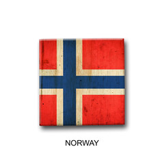 Norway flag on a wooden block. Isolated on white background. Signs and symbols.