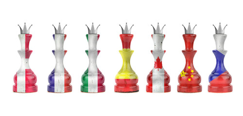 Chess queens in the colors of the flag of different countries. Isolated on a white background. Sport. Politics. Business.