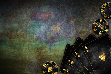 Vintage playing cards and poker chips, on a green grunge background. Four Ace. Copy space. Playing cards. Gambling.