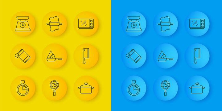 Set line Stopwatch, Packet of pepper, Frying pan, Cooking pot, Meat chopper, Scales, Microwave oven and Rolling pin on dough icon. Vector