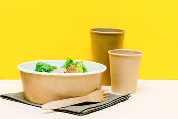 Healthy food lunch in kraft paper carton eco friendly box disposable bowl packaging container, cup...