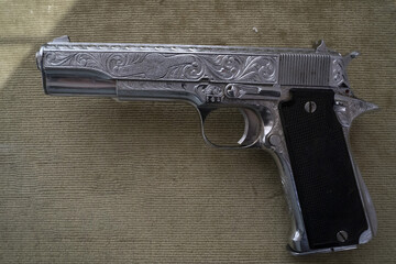 8mm silver pistol narcos style - obrazy, fototapety, plakaty