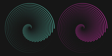 Obraz premium A set of twisted purple and turquoise lines of spherical and square shape. Vector 3d tunnel made of geometric shape. Abstract graphic spiral on a black background.