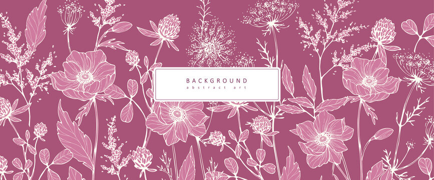 Luxury botanical background with trendy wildflowers and minimalist flowers for wall decoration or wedding. Hand drawn line herb, elegant leaves for invitation save the date card. Botanical 