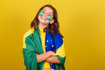 Brazilian child, Caucasian, soccer fan, arms crossed, optimistic, confident and joyful. World Cup....